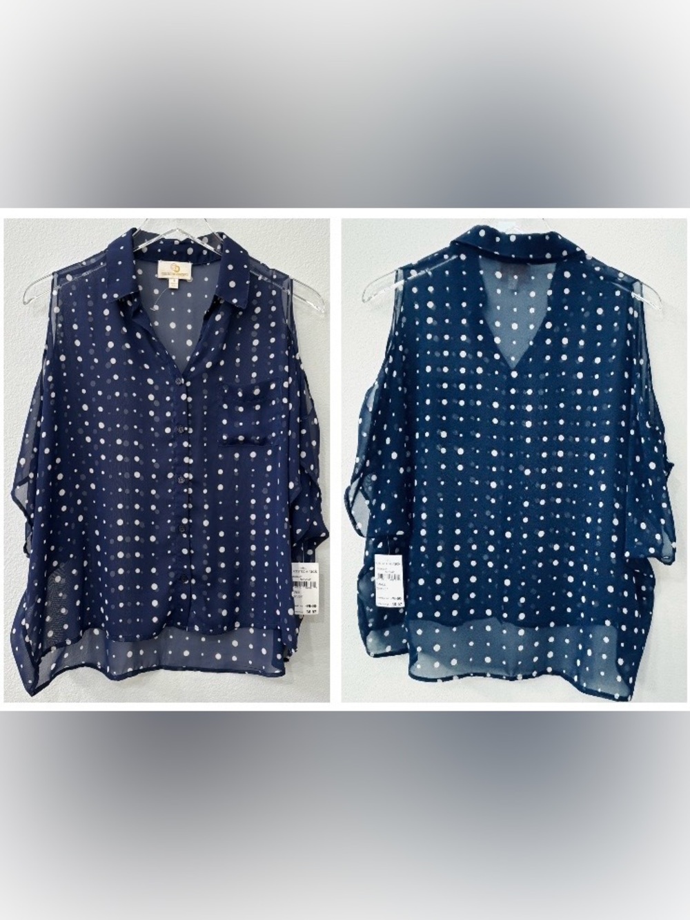 NWT Nordstrom Rack Navy White Polka Dot Cold Shoulder Sheer Blouse - sz S